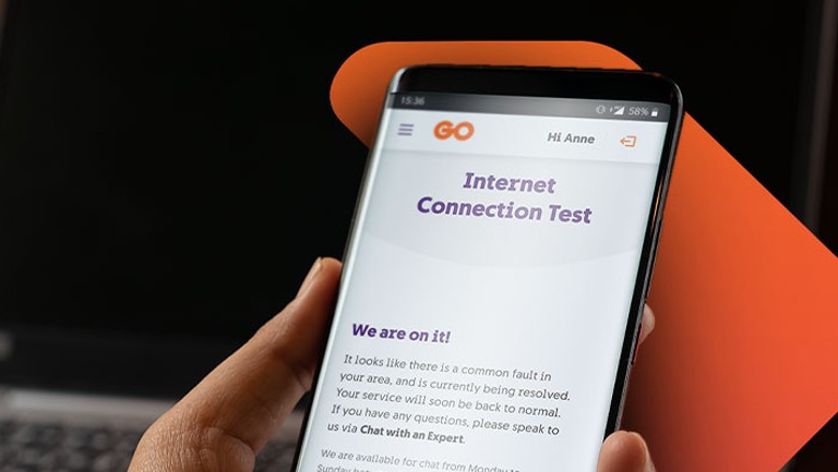 Mobile screen showing internet connection test